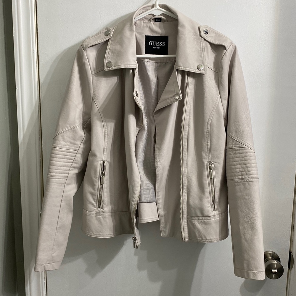 Guess Women’s Faux Leather Asymmetrical Moto Jacket Off White Size L